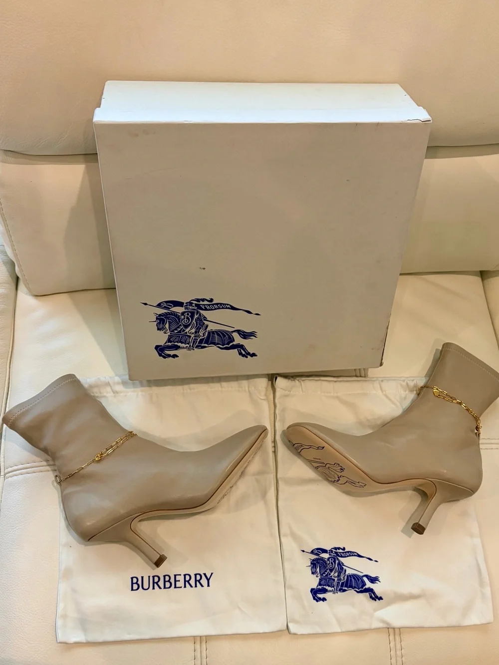 Burberry Square Toe Ankle Boots with Gold Chain